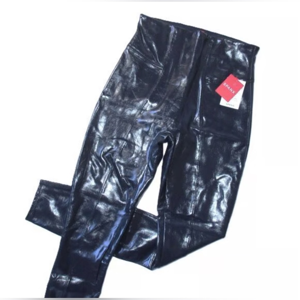 Spanx Patent Vegan Leather Leggings Navy High Rise Shaping Skinny Pants Size M
